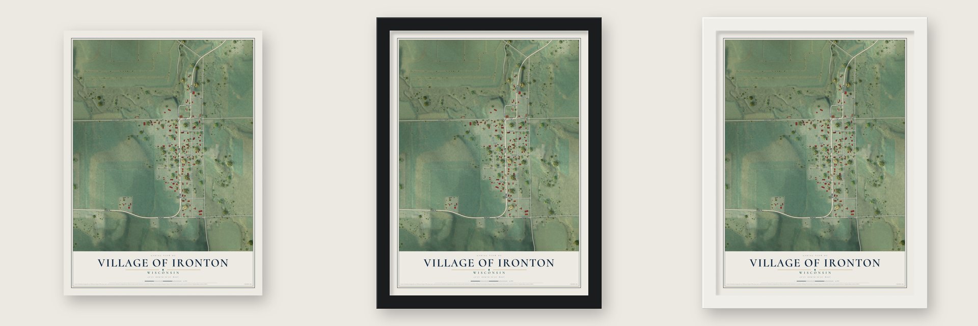 Ironton, Wisconsin map unframed, in a black wood frame and in a white wood frame