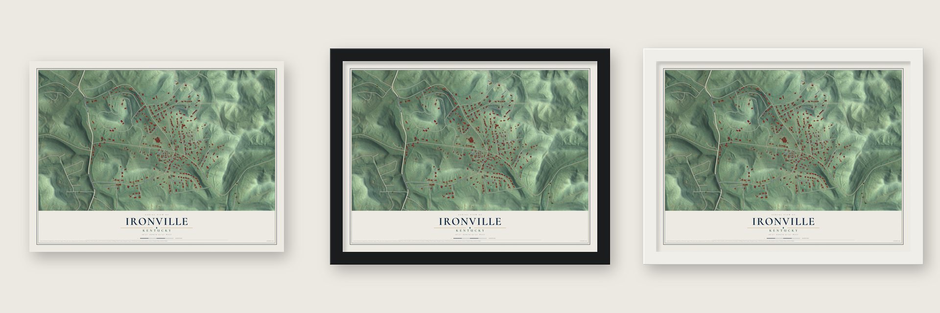 Ironville, Kentucky map unframed, in a black wood frame and in a white wood frame