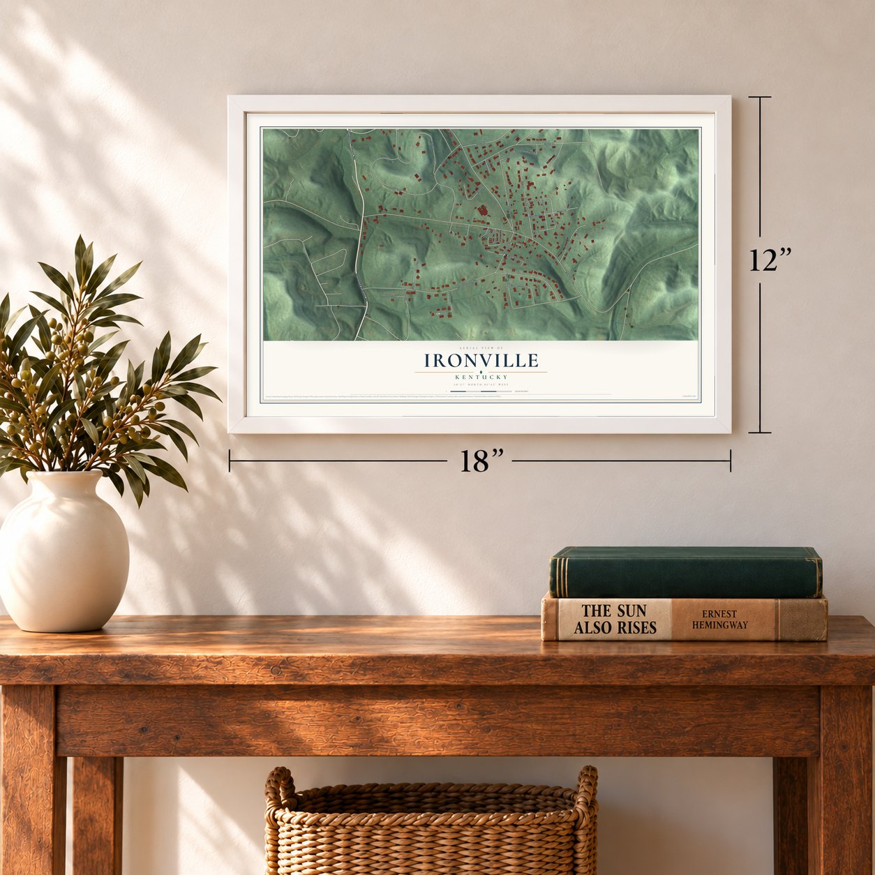 Ironville, Kentucky map, 12 x 18 inch print in a white frame in an entryway