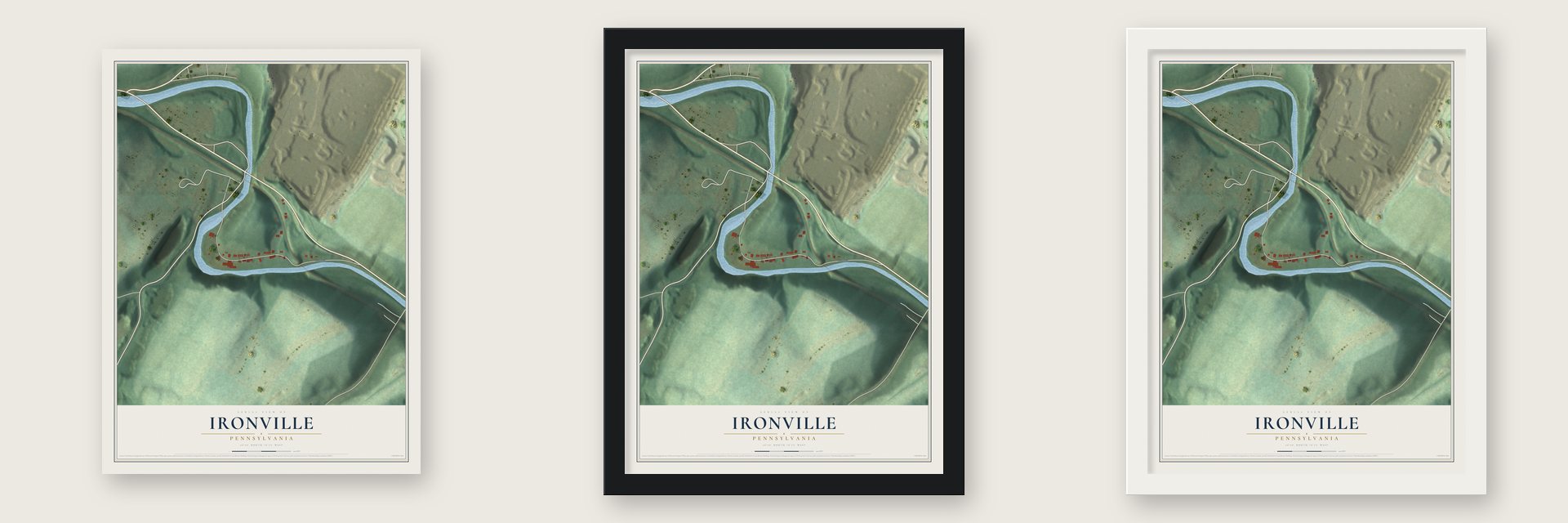 Ironville, Pennsylvania map unframed, in a black wood frame and in a white wood frame
