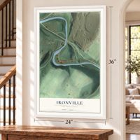 Ironville, Pennsylvania map, 24 x 36 inch print in a white frame by a staircase