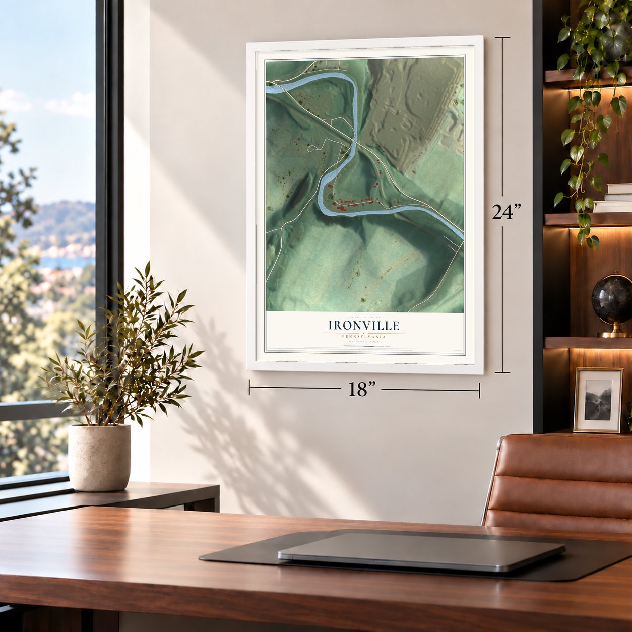 Ironville, Pennsylvania map, 18 x 24 inch print in a white frame in a home office