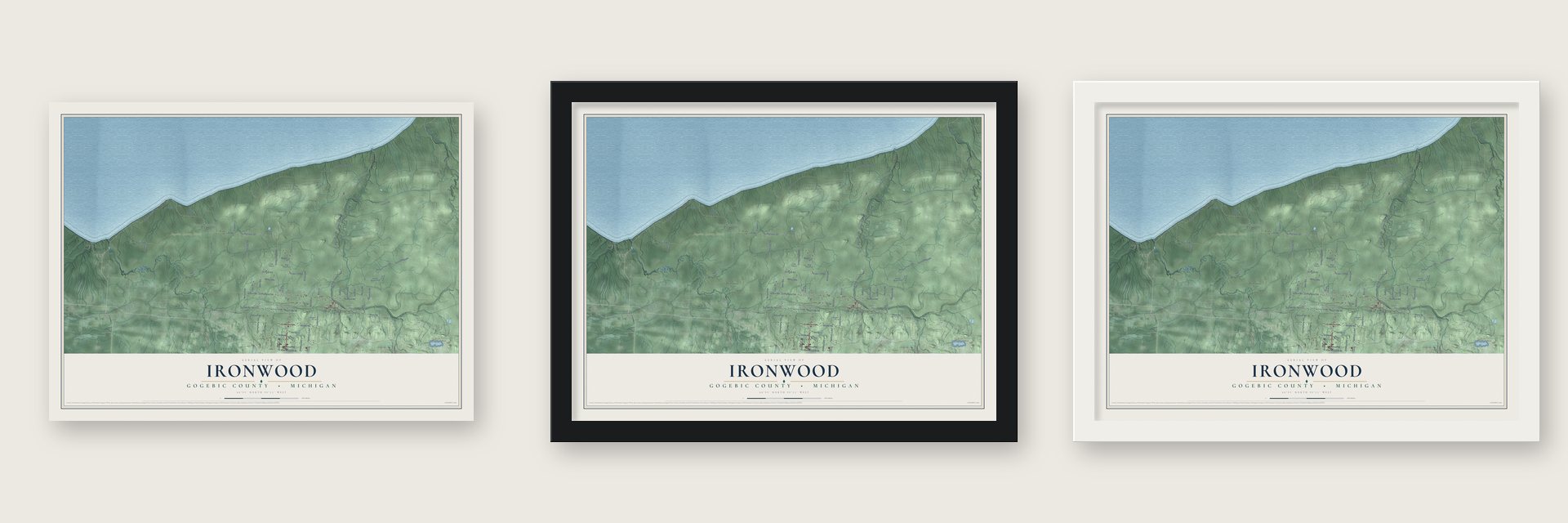 Ironwood, Gogebic County, Michigan map unframed, in a black wood frame and in a white wood frame