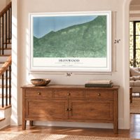 Ironwood, Gogebic County, Michigan map, 24 x 36 inch print in a white frame above a dresser by a staircase