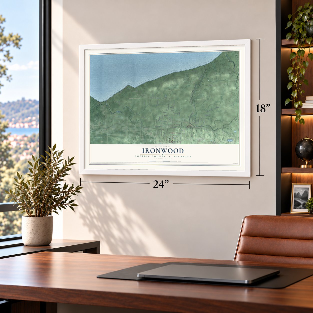 Ironwood, Gogebic County, Michigan map, 18 x 24 inch print in a white frame in a home office
