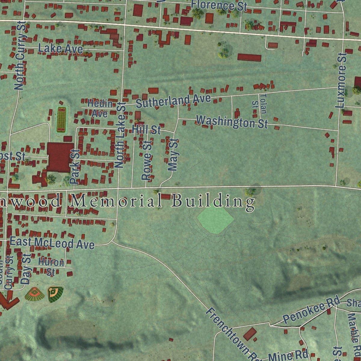 Second close-up of the map of Ironwood, Michigan print showing more streets and buildings