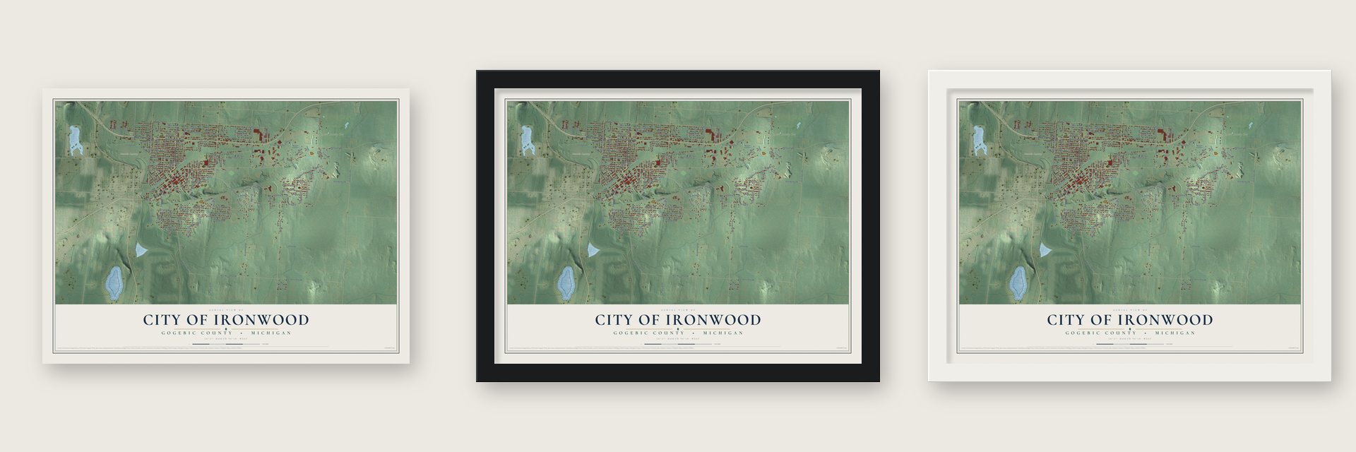 Ironwood, Michigan map unframed, in a black wood frame and in a white wood frame
