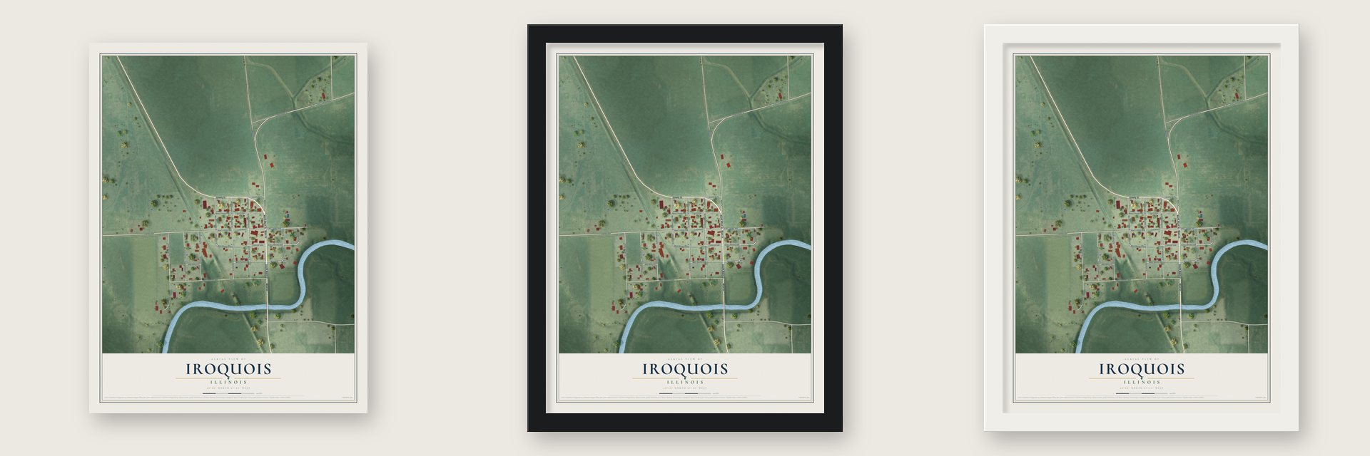 Iroquois, Illinois map unframed, in a black wood frame and in a white wood frame