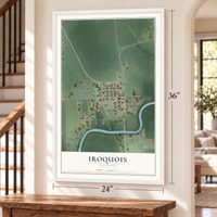 Iroquois, Illinois map, 24 x 36 inch print in a white frame by a staircase