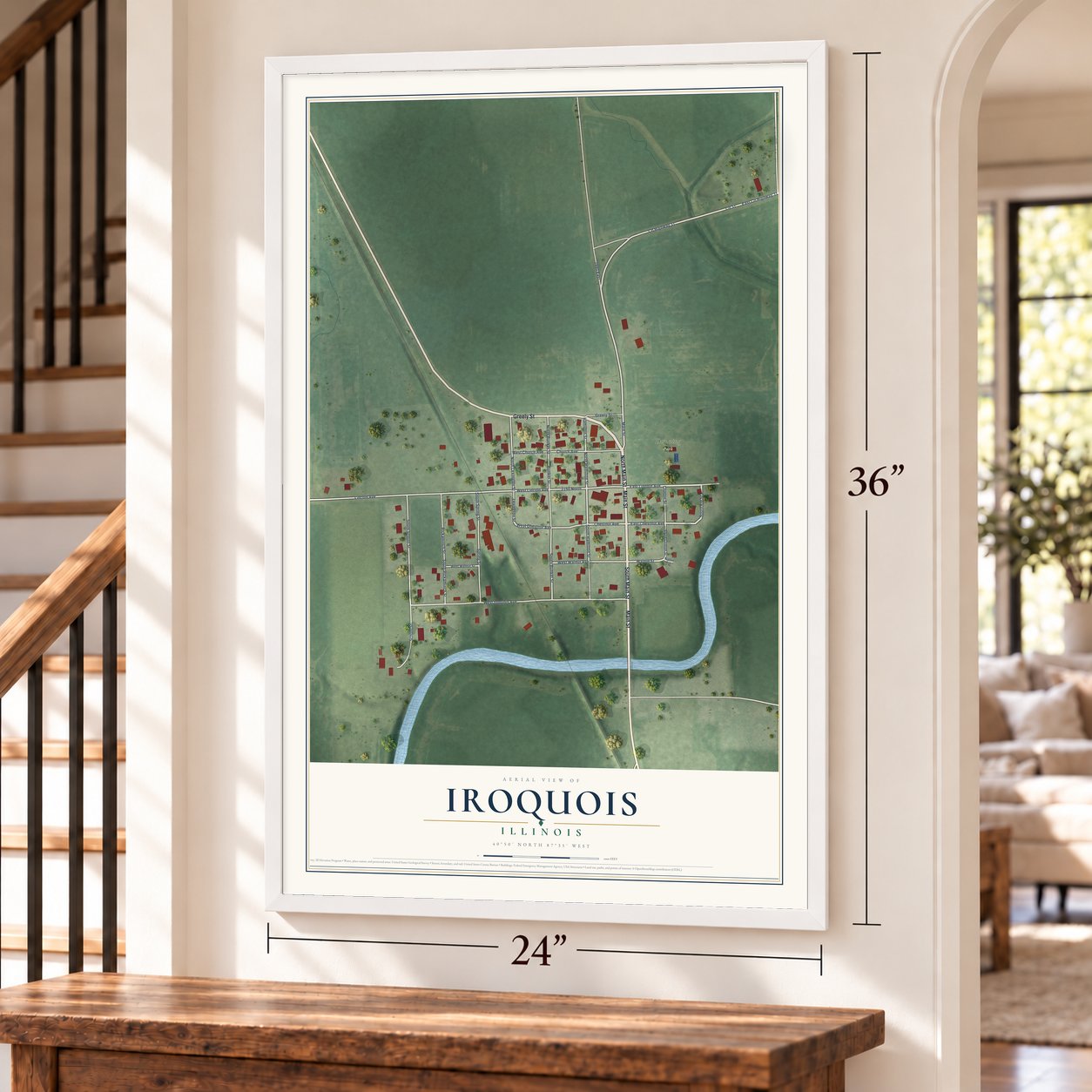 Iroquois, Illinois map, 24 x 36 inch print in a white frame by a staircase