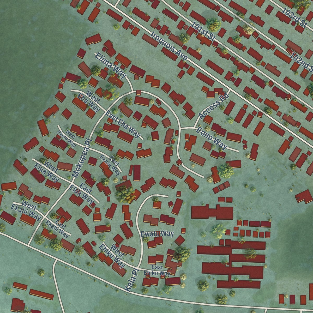 Second close-up of the map of Iroquois Point, Hawaii print showing more streets and buildings