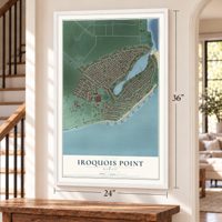 Iroquois Point, Hawaii map, 24 x 36 inch print in a white frame by a staircase