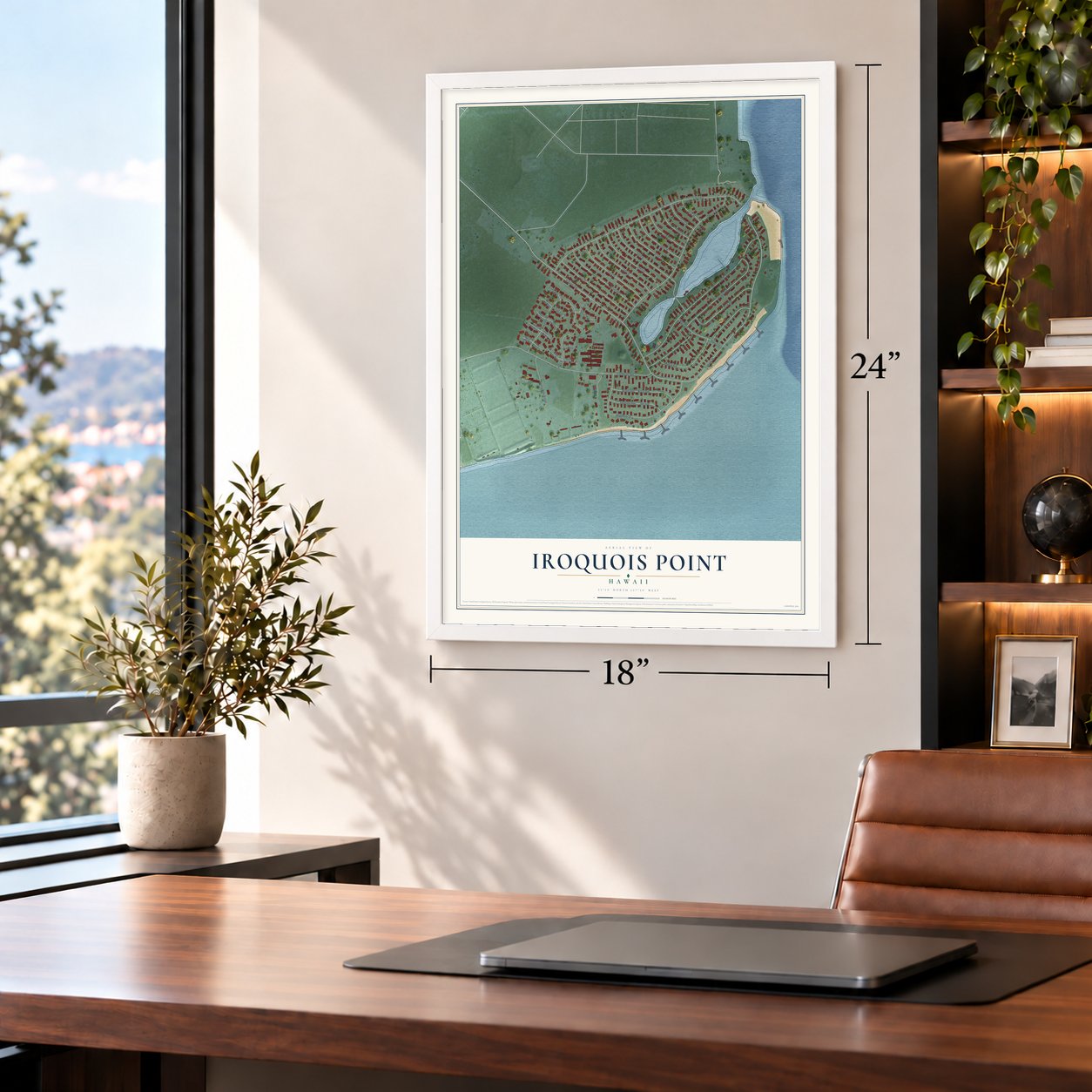Iroquois Point, Hawaii map, 18 x 24 inch print in a white frame in a home office