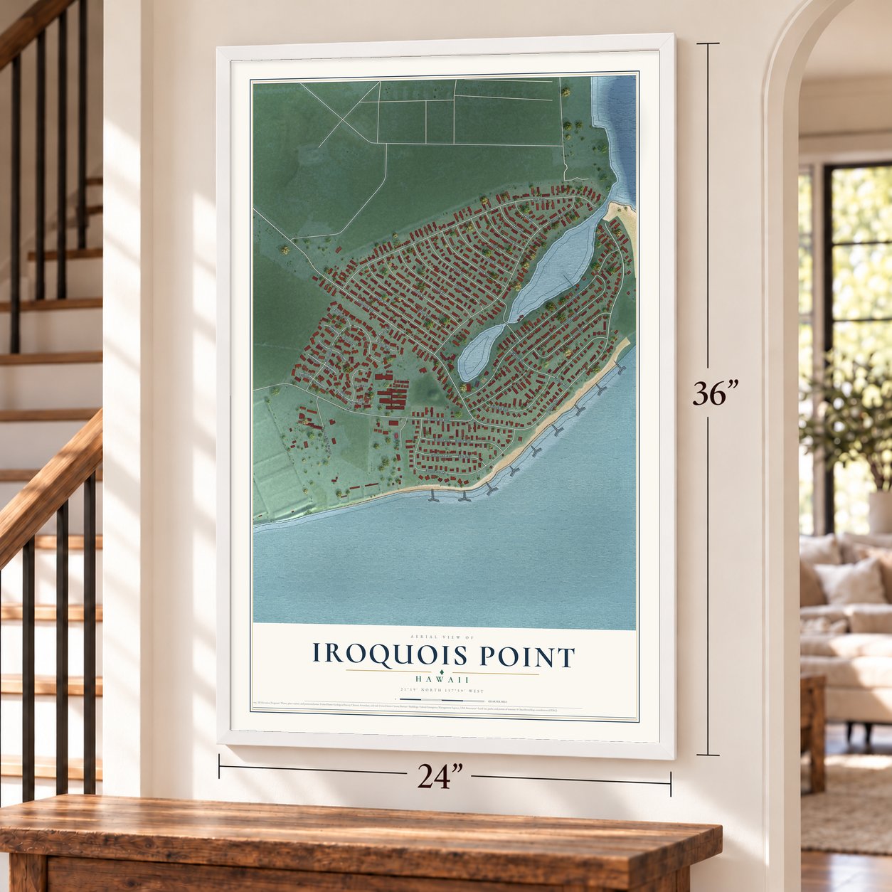 Iroquois Point, Hawaii map, 24 x 36 inch print in a white frame by a staircase