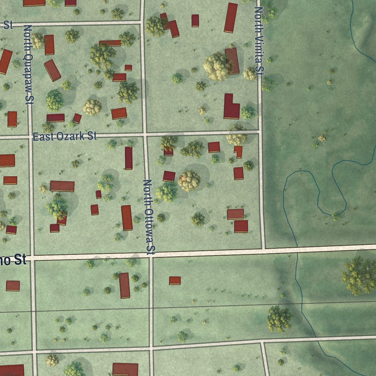 Second close-up of the map of Iroquois, South Dakota print showing more streets and buildings
