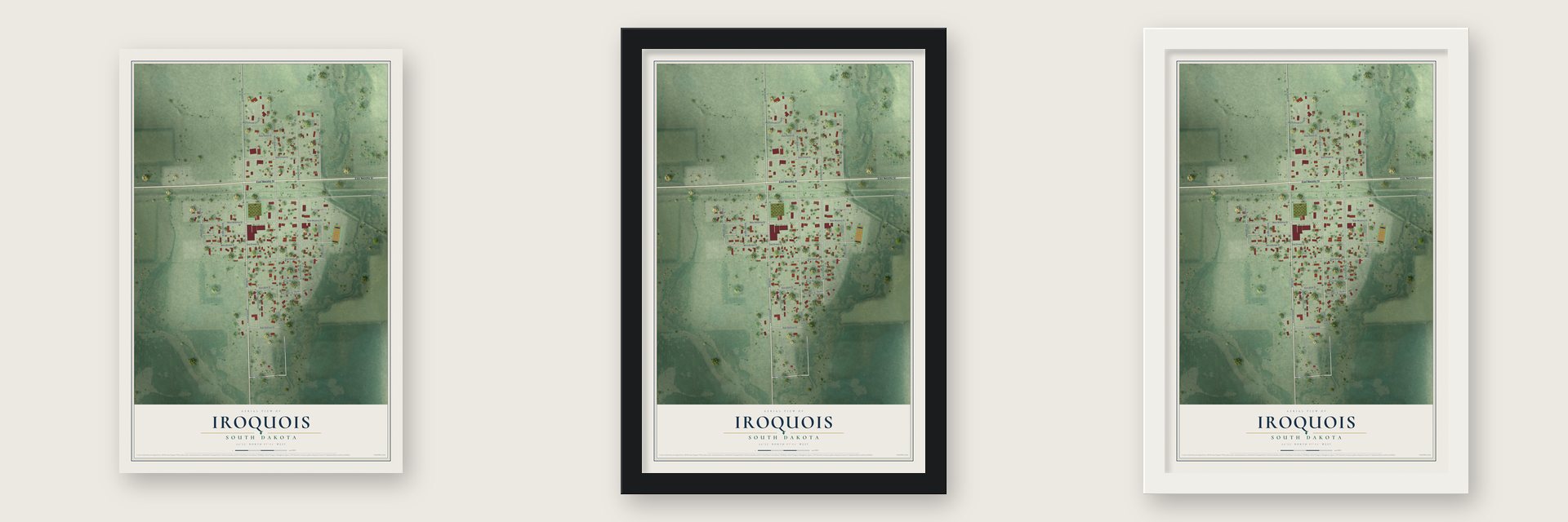 Iroquois, South Dakota map unframed, in a black wood frame and in a white wood frame