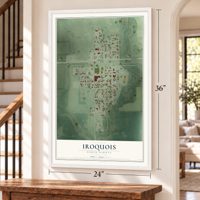 Iroquois, South Dakota map, 24 x 36 inch print in a white frame by a staircase