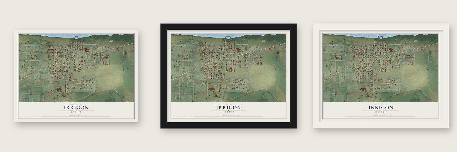 Irrigon, Oregon map unframed, in a black wood frame and in a white wood frame