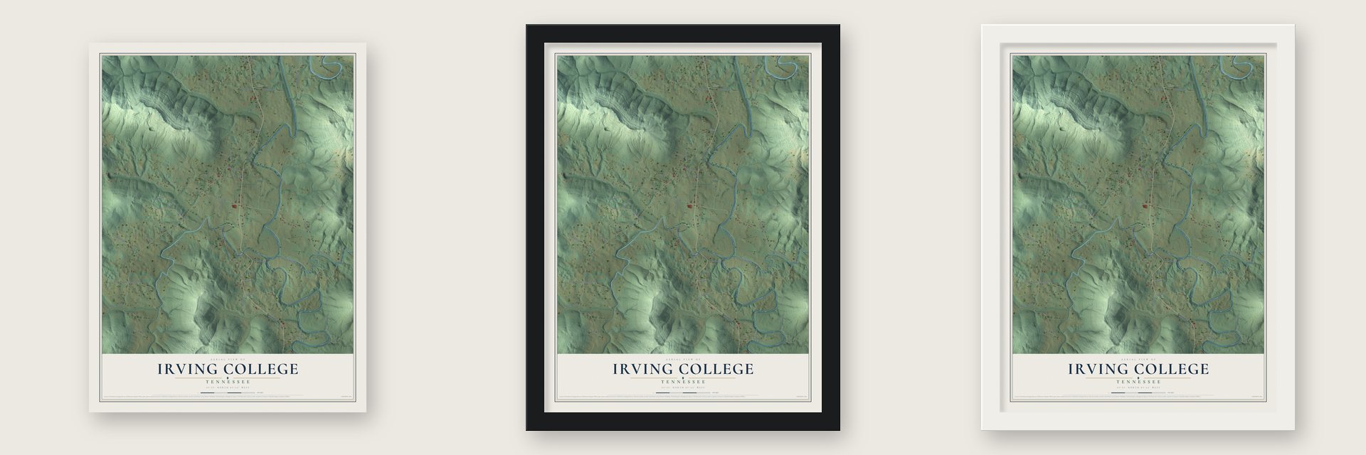 Irving College, Tennessee map unframed, in a black wood frame and in a white wood frame