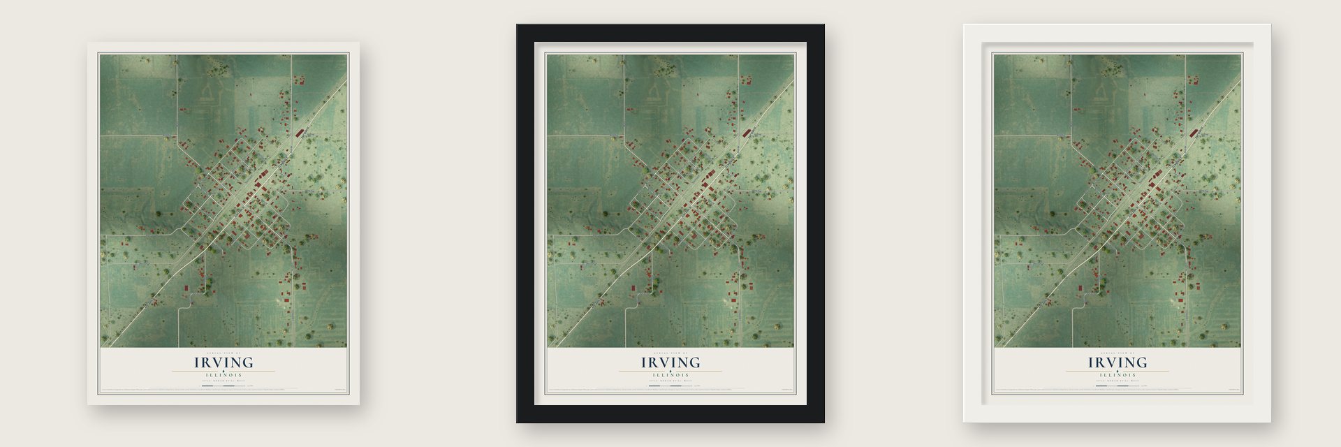 Irving, Illinois map unframed, in a black wood frame and in a white wood frame