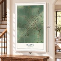 Irving, Illinois map, 24 x 36 inch print in a white frame by a staircase