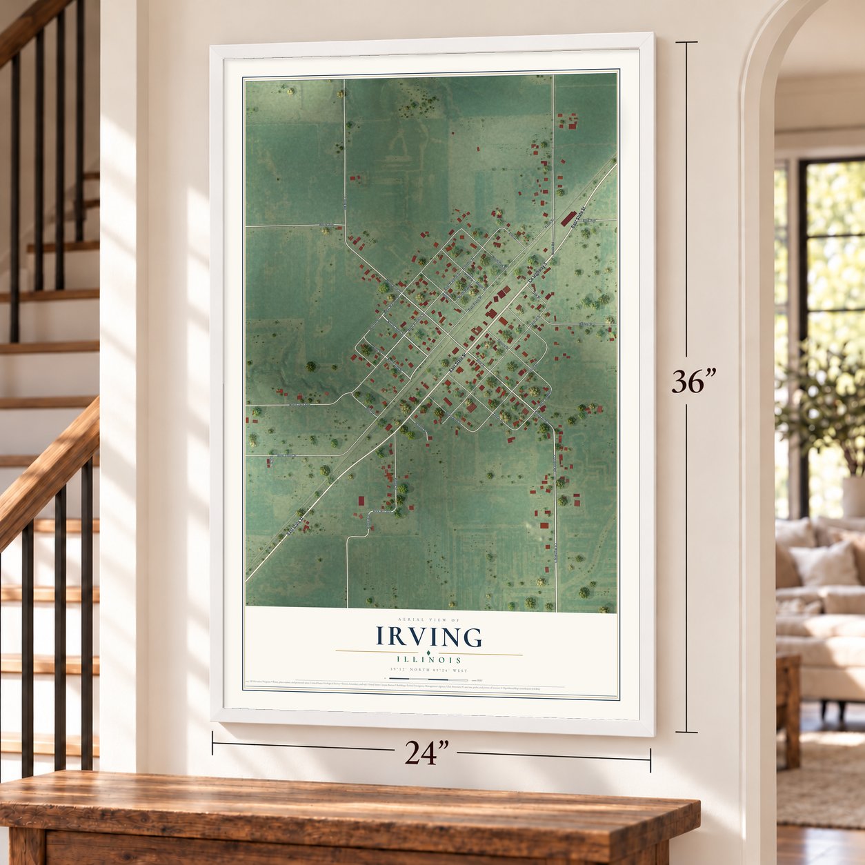 Irving, Illinois map, 24 x 36 inch print in a white frame by a staircase