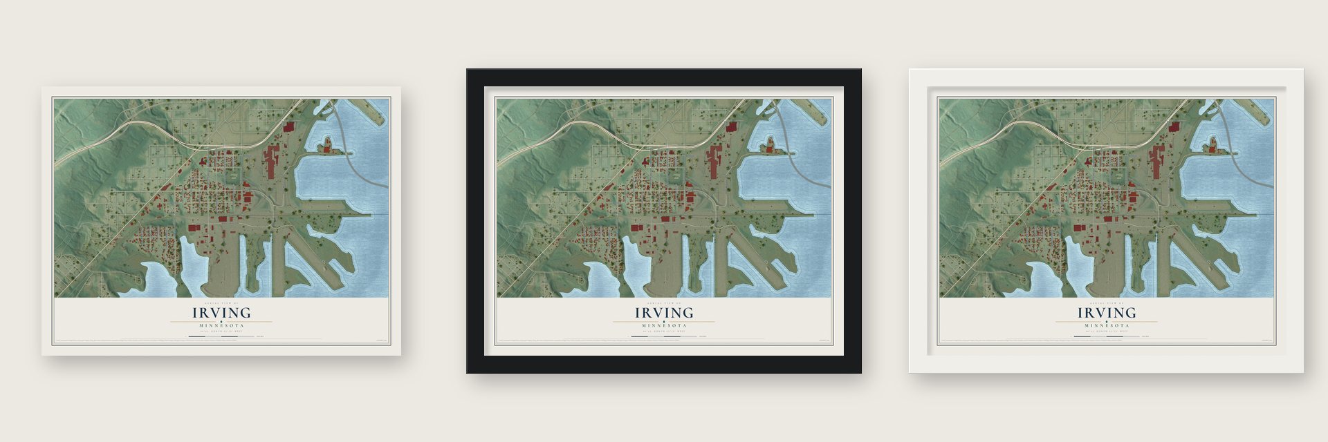 Irving, Minnesota map unframed, in a black wood frame and in a white wood frame
