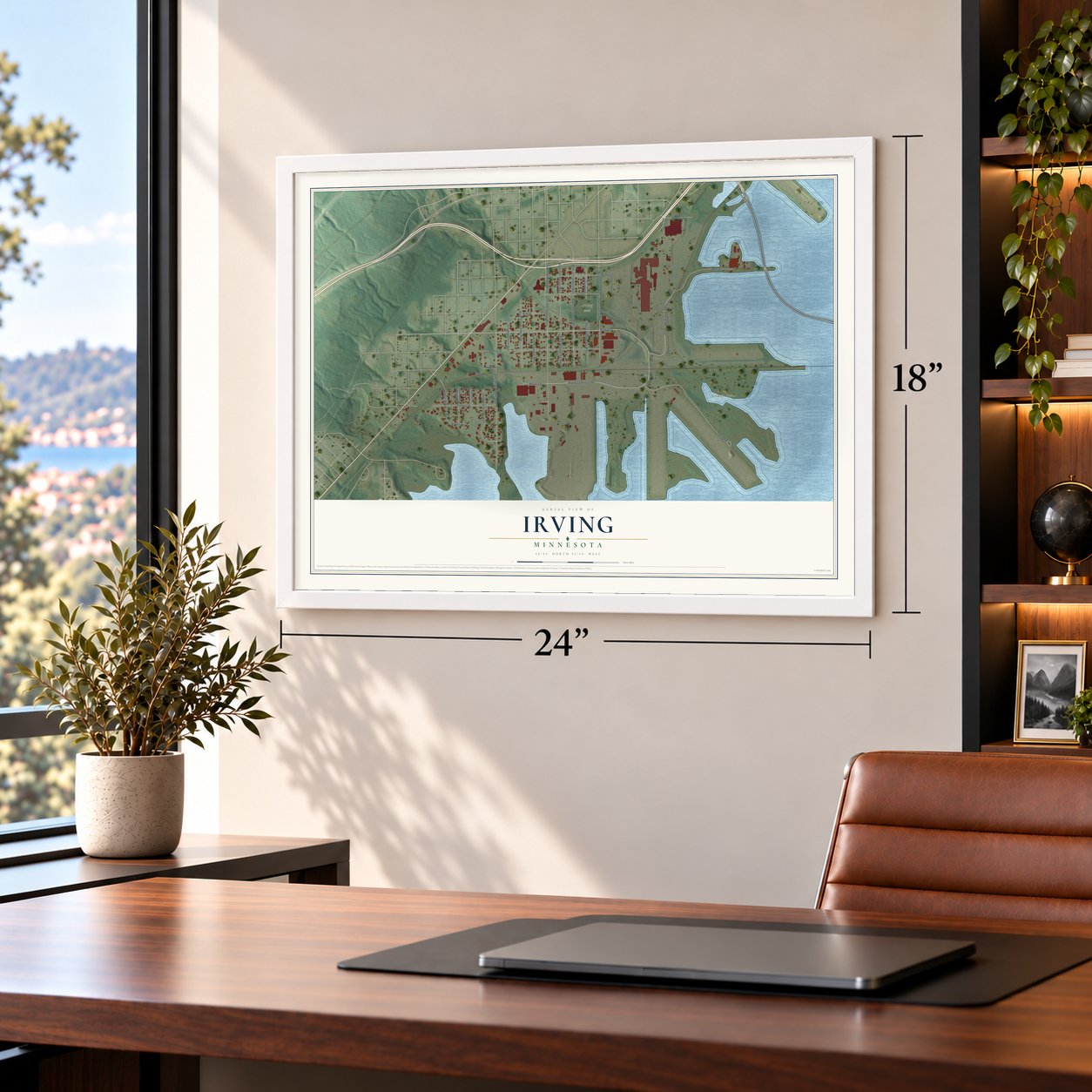 Irving, Minnesota map, 18 x 24 inch print in a white frame in a home office