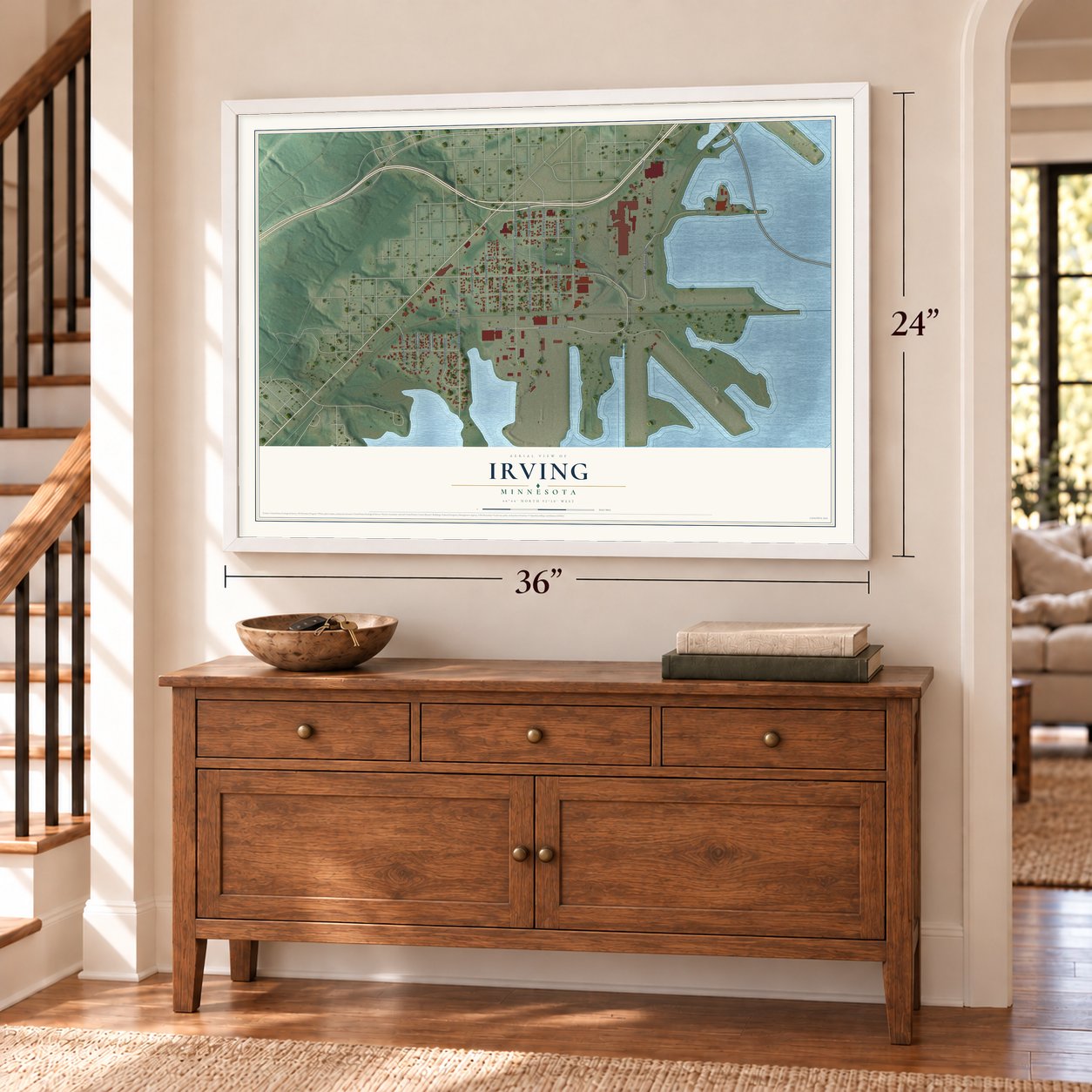 Irving, Minnesota map, 24 x 36 inch print in a white frame above a dresser by a staircase