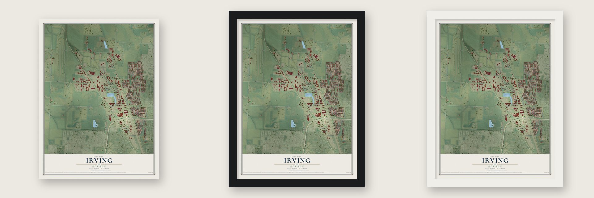 Irving, Oregon map unframed, in a black wood frame and in a white wood frame