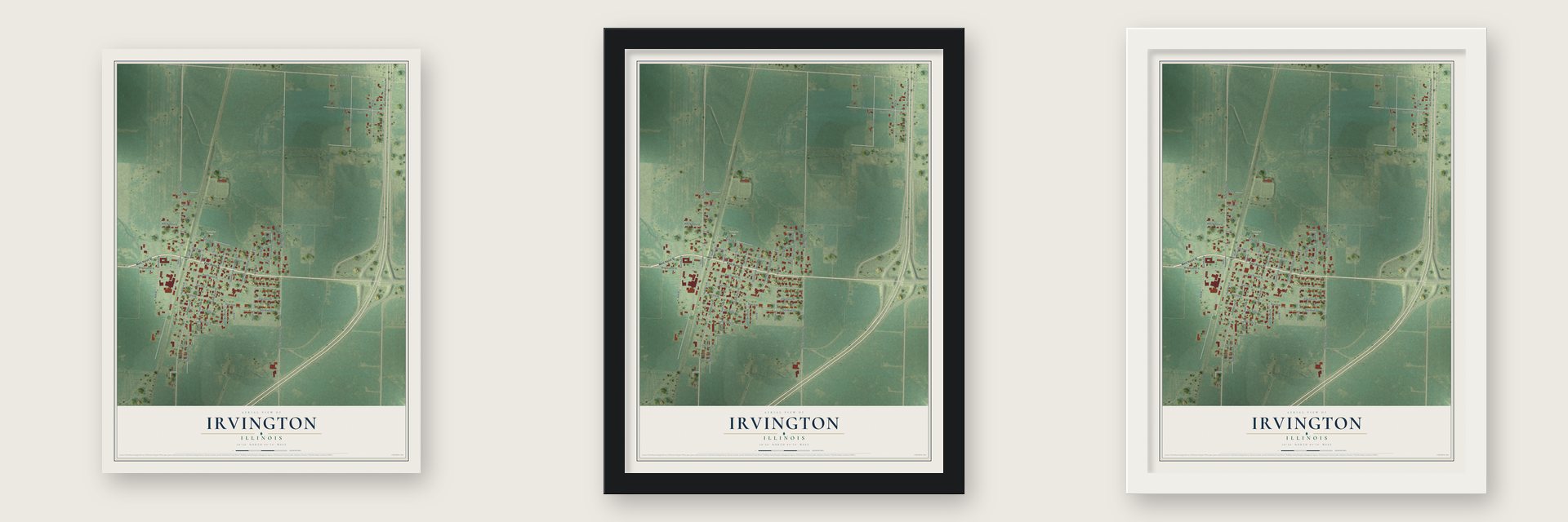 Irvington, Illinois map unframed, in a black wood frame and in a white wood frame