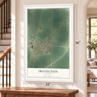Irvington, Illinois map, 24 x 36 inch print in a white frame by a staircase