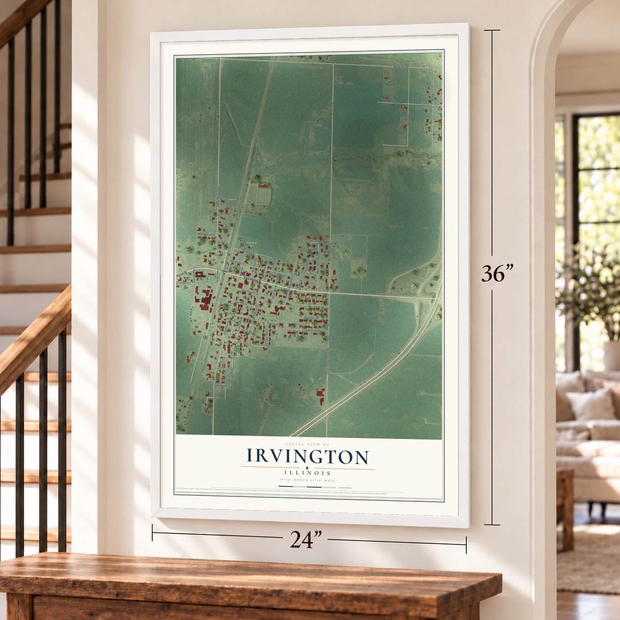 Irvington, Illinois map, 24 x 36 inch print in a white frame by a staircase