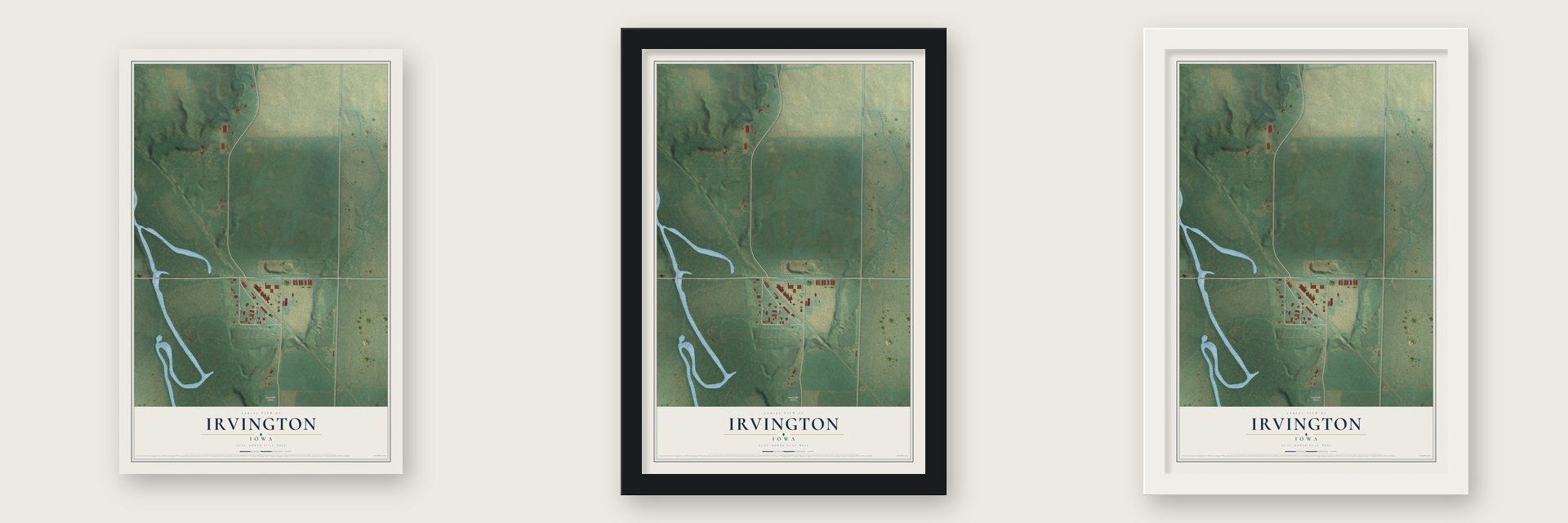 Irvington, Iowa map unframed, in a black wood frame and in a white wood frame