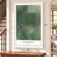 Irvington, Iowa map, 24 x 36 inch print in a white frame by a staircase