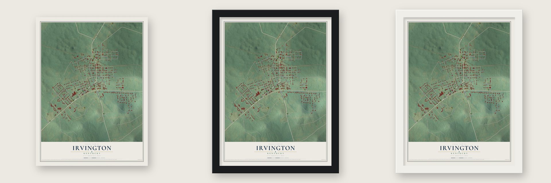 Irvington, Kentucky map unframed, in a black wood frame and in a white wood frame