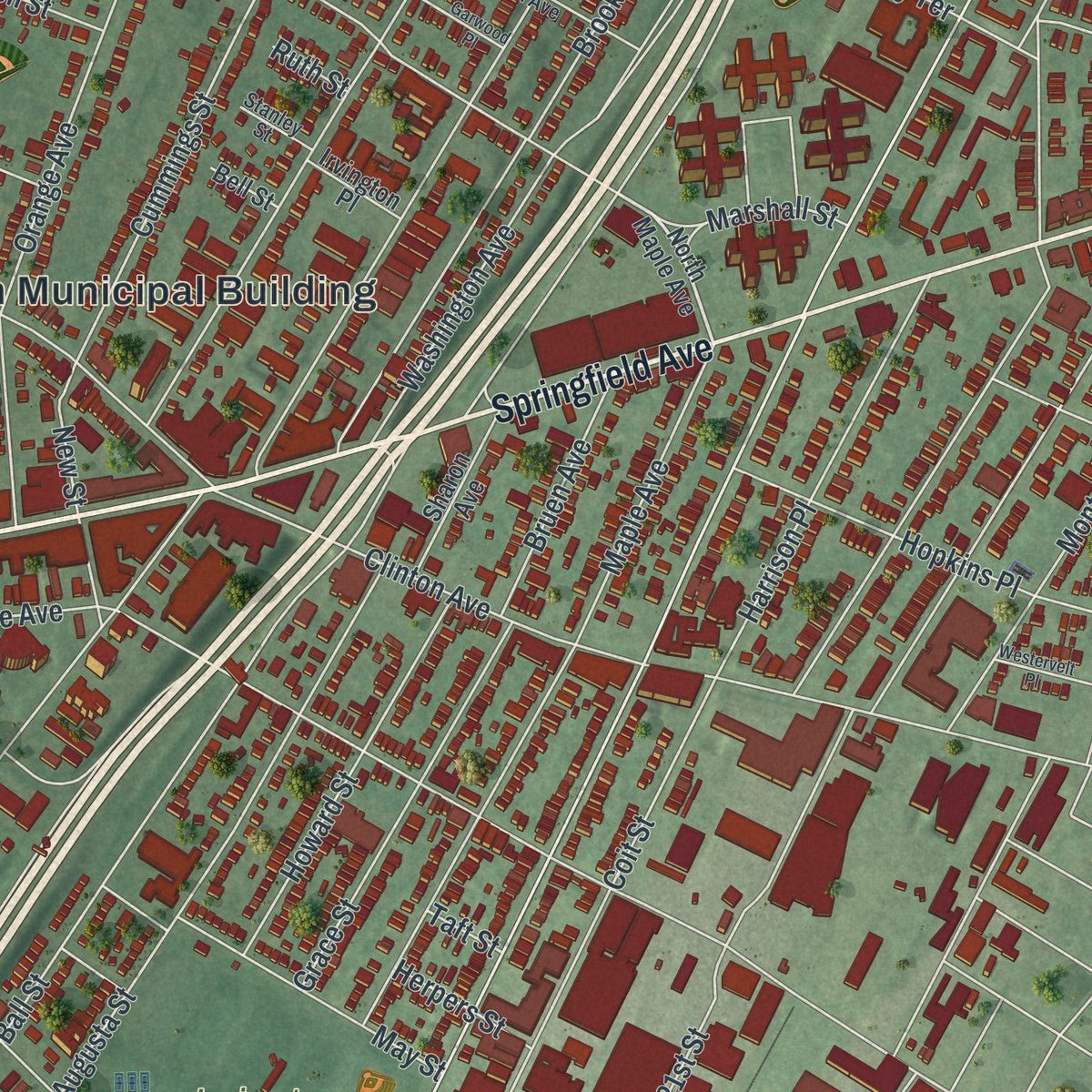 Second close-up of the map of Irvington, New Jersey print showing more streets and buildings