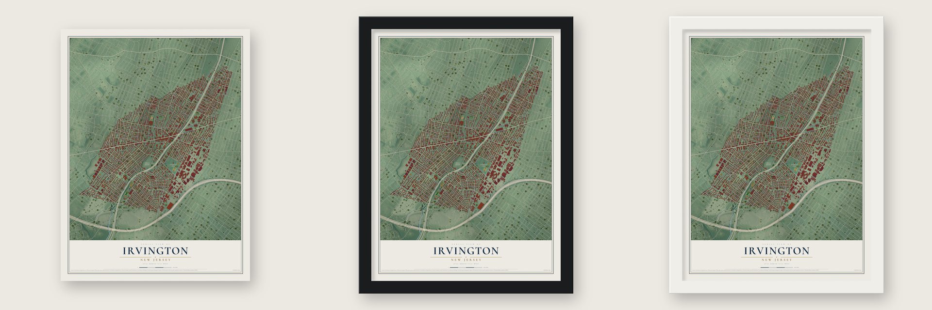 Irvington, New Jersey map unframed, in a black wood frame and in a white wood frame
