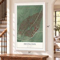 Irvington, New Jersey map, 24 x 36 inch print in a white frame by a staircase