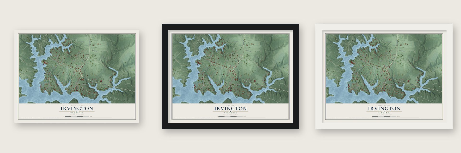 Irvington, Virginia map unframed, in a black wood frame and in a white wood frame