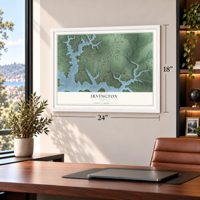 Irvington, Virginia map, 18 x 24 inch print in a white frame in a home office