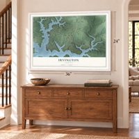 Irvington, Virginia map, 24 x 36 inch print in a white frame above a dresser by a staircase