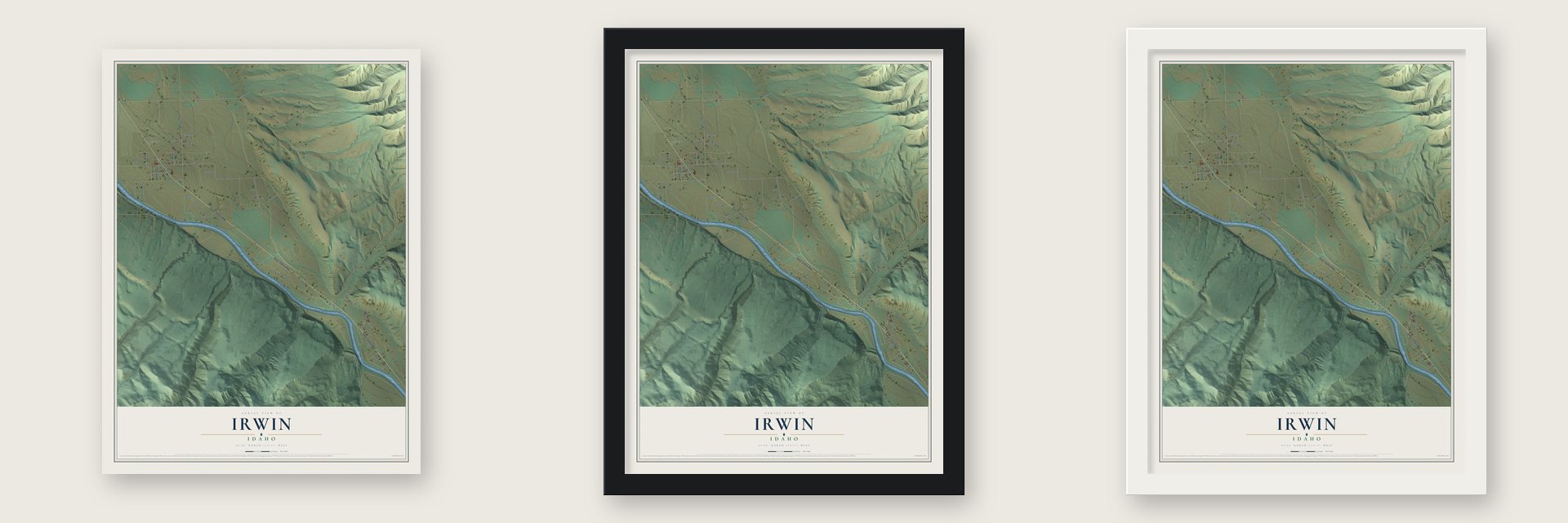 Irwin, Idaho map unframed, in a black wood frame and in a white wood frame