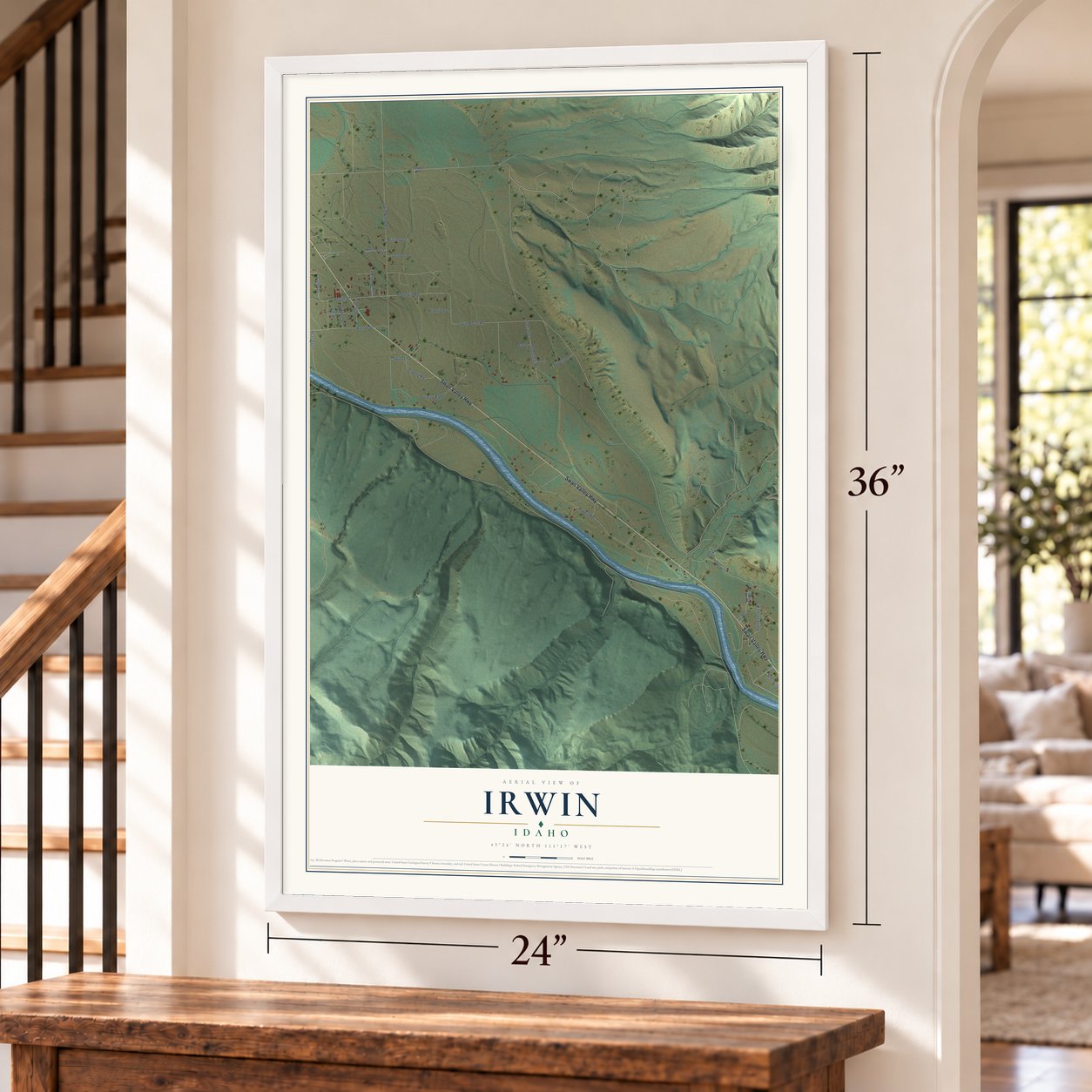 Irwin, Idaho map, 24 x 36 inch print in a white frame by a staircase