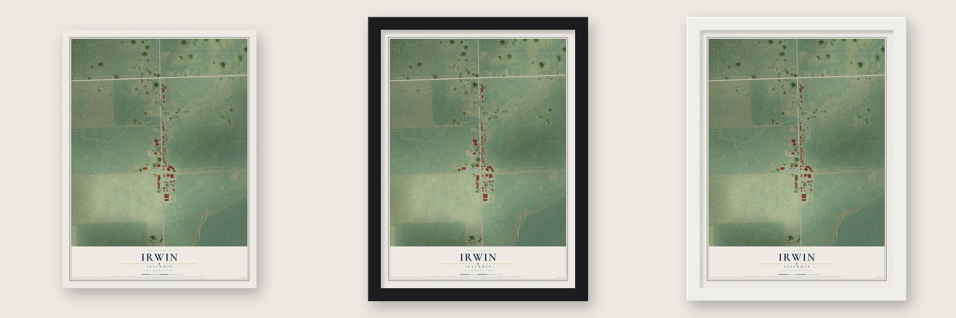 Irwin, Illinois map unframed, in a black wood frame and in a white wood frame
