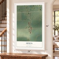 Irwin, Illinois map, 24 x 36 inch print in a white frame by a staircase