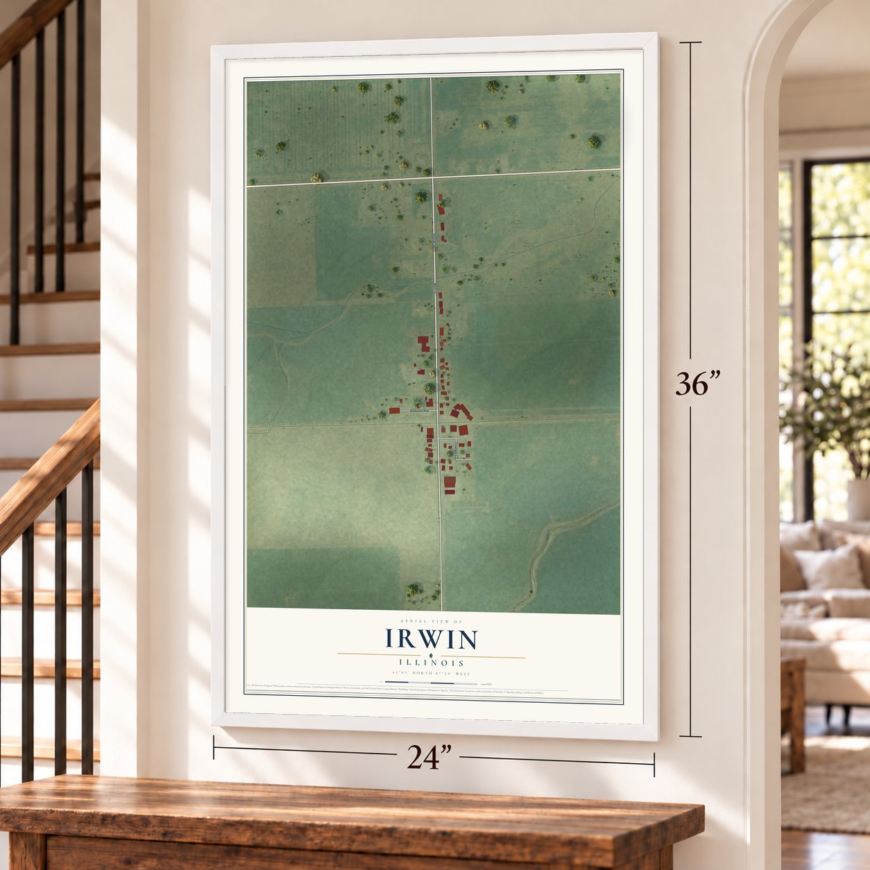Irwin, Illinois map, 24 x 36 inch print in a white frame by a staircase