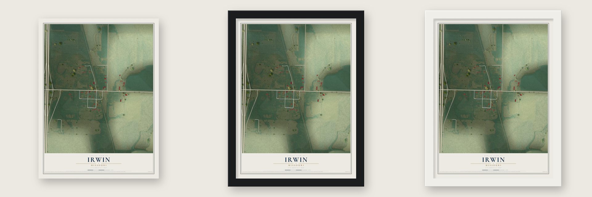 Irwin, Missouri map unframed, in a black wood frame and in a white wood frame