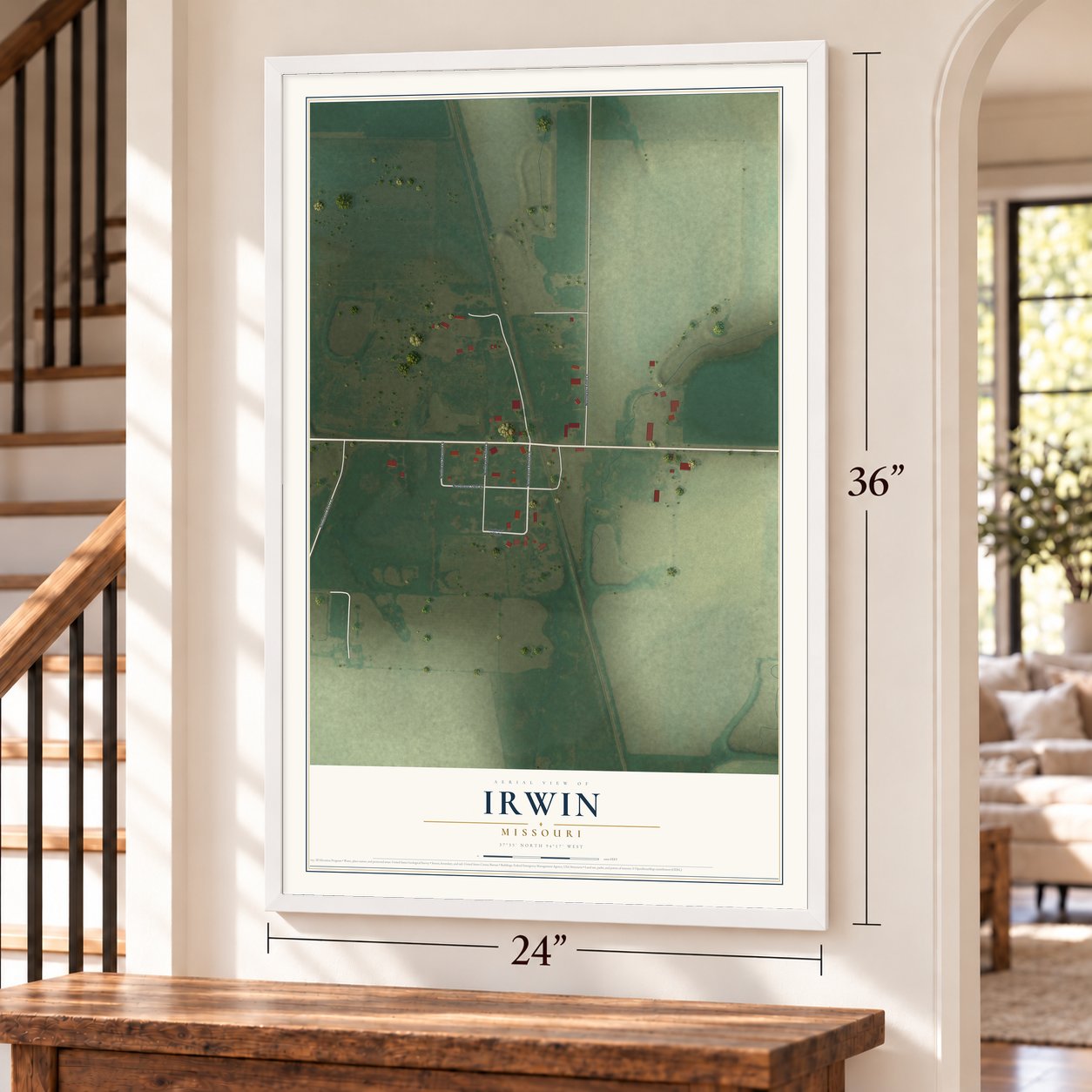 Irwin, Missouri map, 24 x 36 inch print in a white frame by a staircase