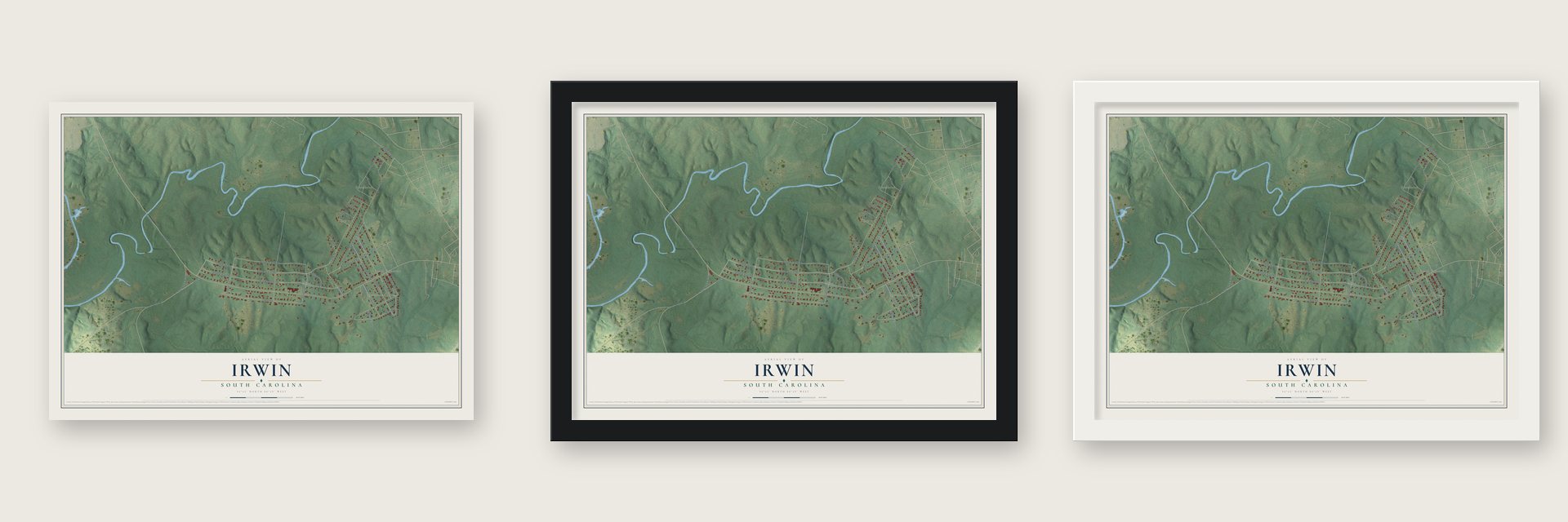 Irwin, South Carolina map unframed, in a black wood frame and in a white wood frame